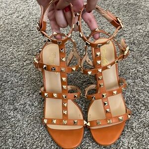 Orange spiked strap strapy block heels